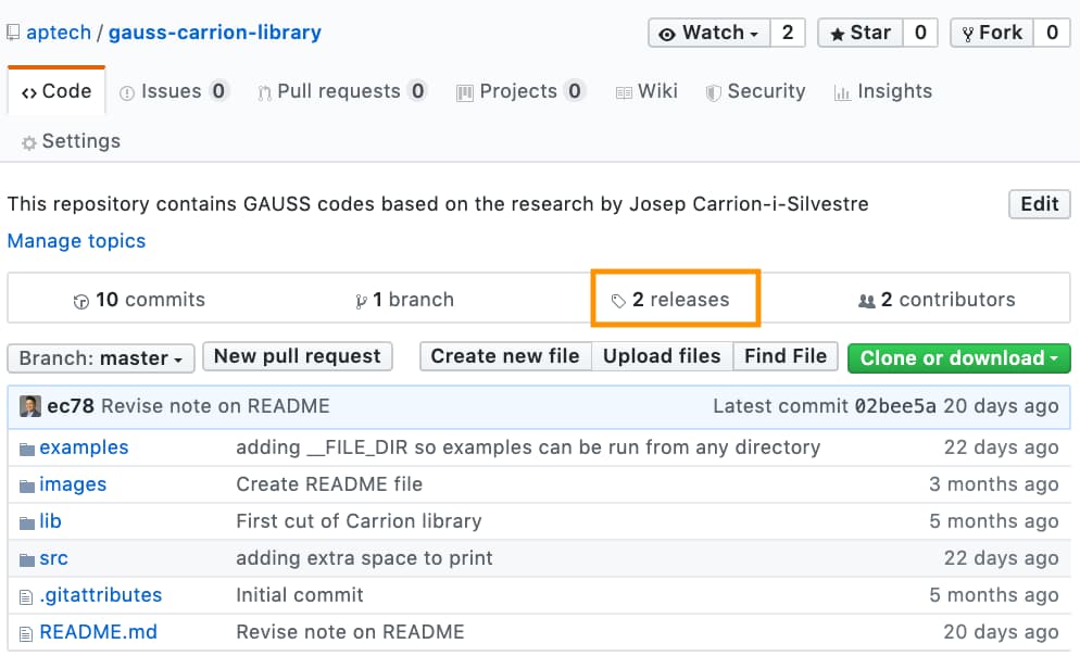 Locate Releases tab on GAUSS GitHub repository.